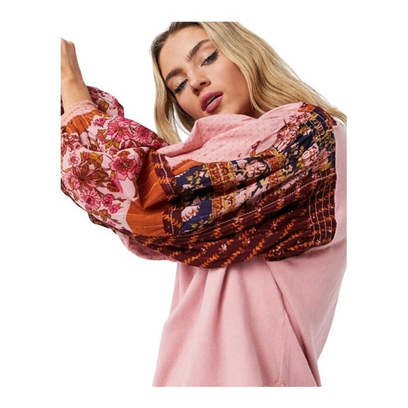 Free People Light Magic Printed Sleeve Henley Top Vintage Pink Women Medium - Picture 2 of 10